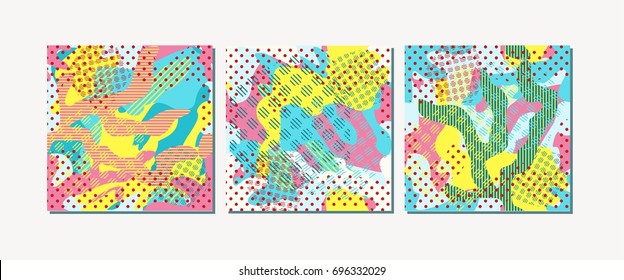 Abstract vector backgrounds. Seamless patterns with dots, stripes and spots. Pop art style cards.  Banners for comic book illustrations. 