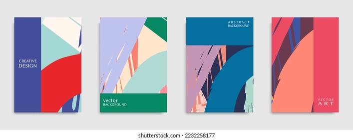 Abstract vector backgrounds set, grunge texture. Hand drawn brush strokes and geometric elements. Modern minimalistic design for poster, banner, cover, flyer, invitation. Trendy brochure templates A4