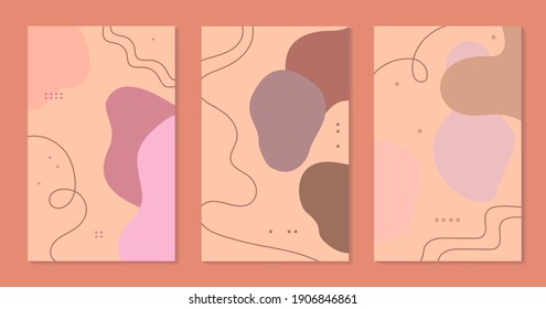 Abstract vector backgrounds set. Hand drawn various amorphous shapes, lines and objects. Modern trendy illustrations in coral pink muted pastel colors