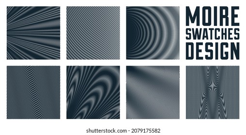 Abstract vector backgrounds set made with linear Moire, op art effect surreal textures, sound and music waves theme, black and white grid abstractions.