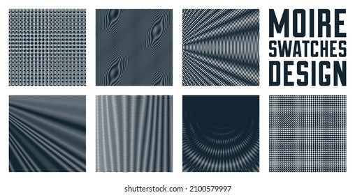 Abstract vector backgrounds set made with linear Moire, op art effect surreal textures, sound and music waves theme, black and white grid abstractions.