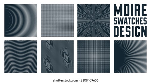 Abstract vector backgrounds set made with linear Moire, op art effect surreal textures, sound and music waves theme, black and white grid abstractions.