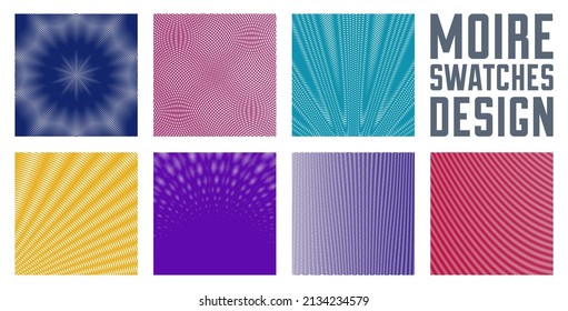 Abstract vector backgrounds set made with linear Moire, op art effect surreal textures, sound and music waves theme, color grid abstractions.