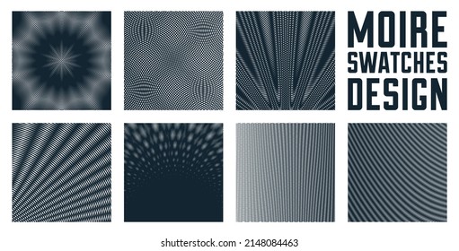 Abstract vector backgrounds set made with linear Moire, op art effect surreal textures, sound and music waves theme, black and white grid abstractions.