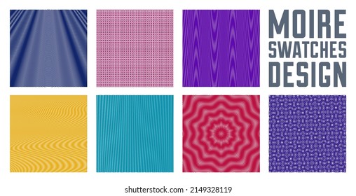 Abstract vector backgrounds set made with linear Moire, op art effect surreal textures, sound and music waves theme, color grid abstractions.