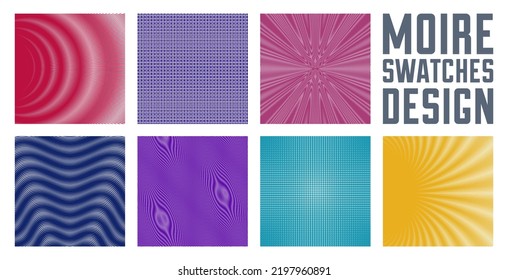 Abstract vector backgrounds set made with linear Moire, op art effect surreal textures, sound and music waves theme, color grid abstractions.