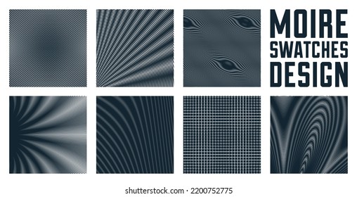 Abstract vector backgrounds set made with linear Moire, op art effect surreal textures, sound and music waves theme, black and white grid abstractions.