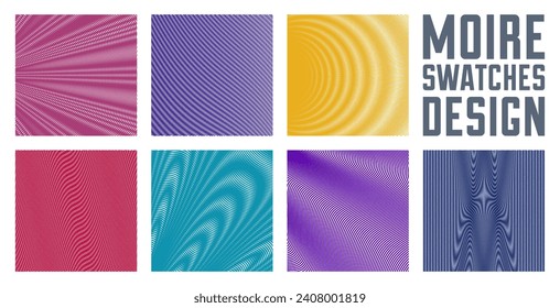 Abstract vector backgrounds set made with linear Moire, op art effect surreal textures, sound and music waves theme, color grid abstractions.