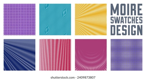 Abstract vector backgrounds set made with linear Moire, op art effect surreal textures, sound and music waves theme, color grid abstractions.