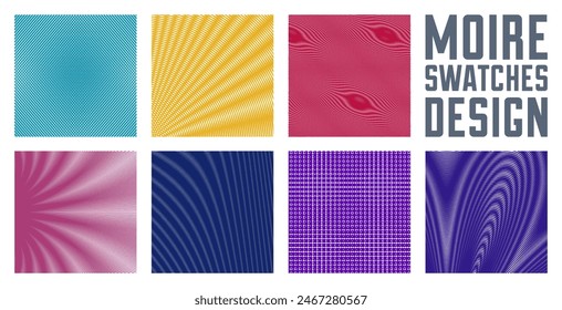 Abstract vector backgrounds set made with linear Moire, op art effect surreal textures, sound and music waves theme, color grid abstractions.