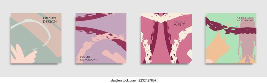 Abstract vector backgrounds set, modern art style, grunge texture with hand drawn doodles. Creative banners, covers, quotes or posters for corporate identity, branding, social media advertising, promo