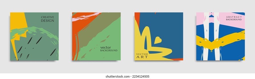 Abstract vector backgrounds set, modern art style, grunge texture with hand drawn doodles. Creative banners, covers, quotes or posters for corporate identity, branding, social media advertising, promo