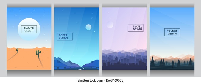 Abstract vector backgrounds set. Sunny desert with cactus, road between mountains, buildings silhouettes and forest with clear blue sky. Cover design. Poster and brochure template. Vertical wallpapers