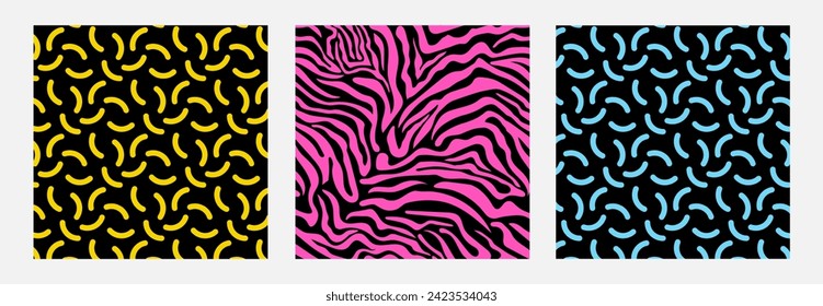 Abstract vector backgrounds set in trendy 80s-90s style. Memphis seamless patterns with geometric elements, animals striped (tiger, zebra skin) texture for fashion print, wrapping paper, wallpapers.