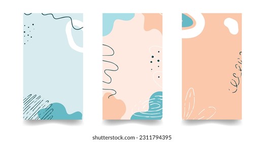 Abstract vector backgrounds for storis. Social media template with flowing shapes, dots, plant elements 