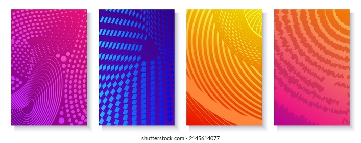 Abstract vector backgrounds with textures. Abstract cover design templates with geometric patterns, squares, dots, abstract waves.