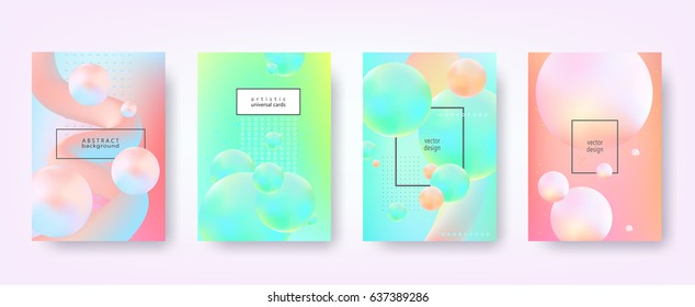 Abstract vector backgrounds in trendy hipster style with blurry fluid 3d shapes and elements of memphis style. Template A4 for design poster, banner, flyer, cover, placard, magazine, book