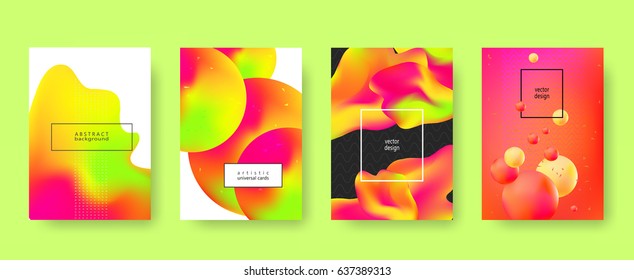 Abstract vector backgrounds in trendy hipster style with blurry fluid 3d shapes and elements of memphis style. Template A4 for design poster, banner, flyer, cover, placard, magazine, book