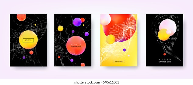 Abstract vector backgrounds. Trendy hipster style with blurry fluid. 3d shapes, tangled lines, dots. Template A4 for design posters, banners, flyers, covers, placards, magazines, books