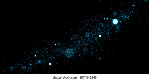 Abstract vector backgroung with blue particle dust. Glowing bokeh lights, shiny glittering on black.