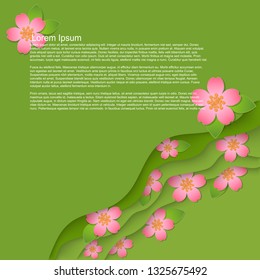 abstract vector backgrount with cut layers effect, abstract cherry flowers with leaves and space for your text