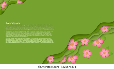 abstract vector backgrount with cut layers effect, abstract cherry flowers with leaves and space for your text