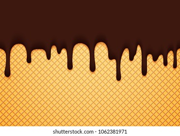 Abstract Vector Banner with Chocolate Ice Cream Glaze and Wafer. Delicious Food Background.