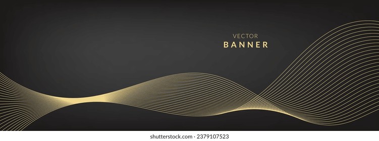 Plantilla de diseño de pancartas vectoriales abstractas. Brillantes líneas de movimiento doradas elemento de diseño sobre fondo oscuro para tarjetas de felicitación y cupón de descuento.