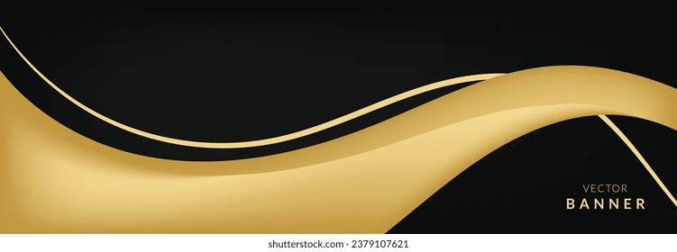 Abstract vector banner design template. Shiny golden moving lines design element on dark background for greeting cards and discount voucher.