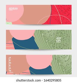 Abstract vector banner design with wavy motley shapes in natural colors. Hand textured with stripes and scribbles. Modern contemporary art. Web header template for sale promotion event.