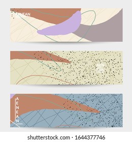 Abstract vector banner design with wavy motley shapes in natural colors. Hand textured with stripes and scribbles. Modern contemporary art. Web header template for sale promotion event.