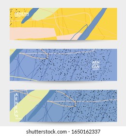 Abstract vector banner design with wavy motley shapes in natural colors. Hand textured with stripes and scribbles. Modern contemporary art. Web header template for sale promotion event.