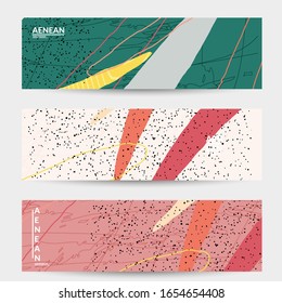 Abstract vector banner design with wavy motley shapes in natural colors. Hand textured with stripes and scribbles. Modern contemporary art. Web header template for sale promotion event.