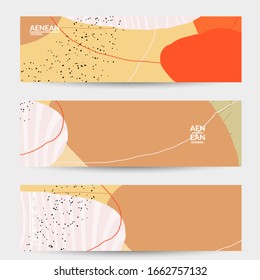 Diseño abstracto de banner vectorial con formas onduladas en colores naturales. Mano texturada con rayas y garabatos. Arte contemporáneo moderno. Plantilla de encabezado web para evento de promoción de venta.