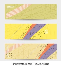 Abstract vector banner design with wavy motley shapes in natural colors. Hand textured with stripes and scribbles. Modern contemporary art. Web header template for sale promotion event.
