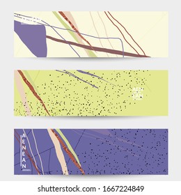 Abstract vector banner design with wavy motley shapes in natural colors. Hand textured with stripes and scribbles. Modern contemporary art. Web header template for sale promotion event.