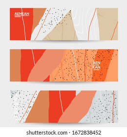 Abstract vector banner design with wavy motley shapes in natural colors. Hand textured with stripes and scribbles. Modern contemporary art. Web header template for sale promotion event.