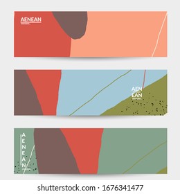 Abstract vector banner design with wavy motley shapes in natural colors. Hand textured with stripes and scribbles. Modern contemporary art. Web header template for sale promotion event.