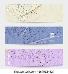 Abstract vector banner design with wavy motley shapes in natural colors. Hand textured with stripes and scribbles. Modern contemporary art. Web header template for sale promotion event.