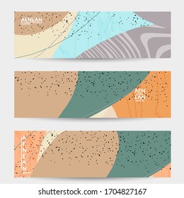Abstract vector banner design with wavy motley shapes in natural colors. Hand textured with stripes and scribbles. Modern contemporary art. Web header template for sale promotion event.