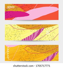 Abstract vector banner design with wavy motley shapes in natural colors. Hand textured with stripes and scribbles. Modern contemporary art. Web header template for sale promotion event.