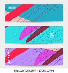 Abstract vector banner design with wavy motley shapes in natural colors. Hand textured with stripes and scribbles. Modern contemporary art. Web header template for sale promotion event.