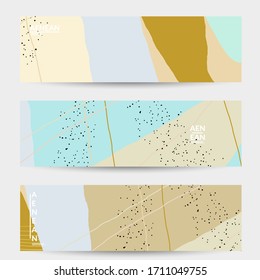 Abstract vector banner design with wavy motley shapes in natural colors. Hand textured with stripes and scribbles. Modern contemporary art. Web header template for sale promotion event.