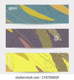 Abstract vector banner design with wavy motley shapes in natural colors. Hand textured with stripes and scribbles. Modern contemporary art. Web header template for sale promotion event.