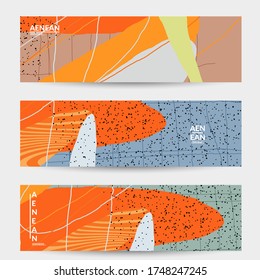 Abstract vector banner design with wavy motley shapes in natural colors. Hand textured with stripes and scribbles. Modern contemporary art. Web header template for sale promotion event.
