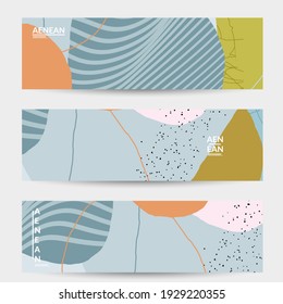 Abstract vector banner design with wavy motley shapes in natural colors. Hand textured with stripes and scribbles. Modern contemporary art. Web header template for sale promotion event.