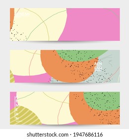 Abstract vector banner design with wavy motley shapes in natural colors. Hand textured with stripes and scribbles. Modern contemporary art. Web header template for sale promotion event.