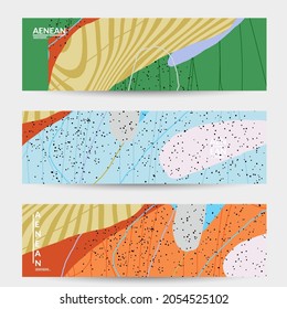 Abstract vector banner design with wavy motley shapes in natural colors. Hand textured with stripes and scribbles. Modern contemporary art. Web header template for sale promotion event.