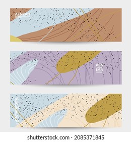 Abstract vector banner design with wavy motley shapes in natural colors. Hand textured with stripes and scribbles. Modern contemporary art. Web header template for sale promotion event.
