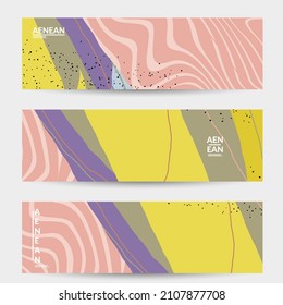 Abstract vector banner design with wavy motley shapes in natural colors. Hand textured with stripes and scribbles. Modern contemporary art. Web header template for sale promotion event.